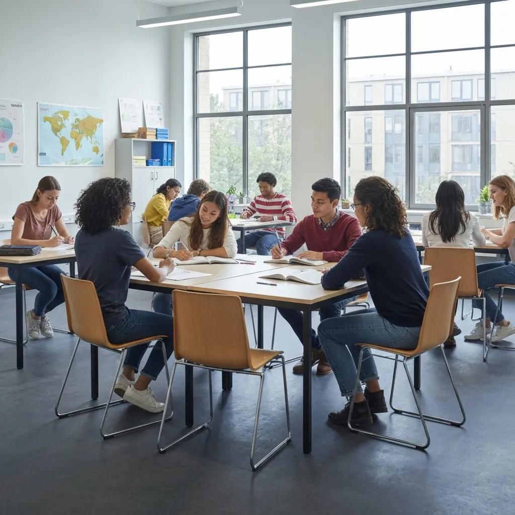 Students in a classroom together with large windows.