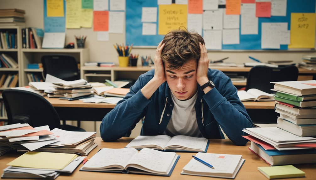 Tired male student exhausted and tired with books near him.